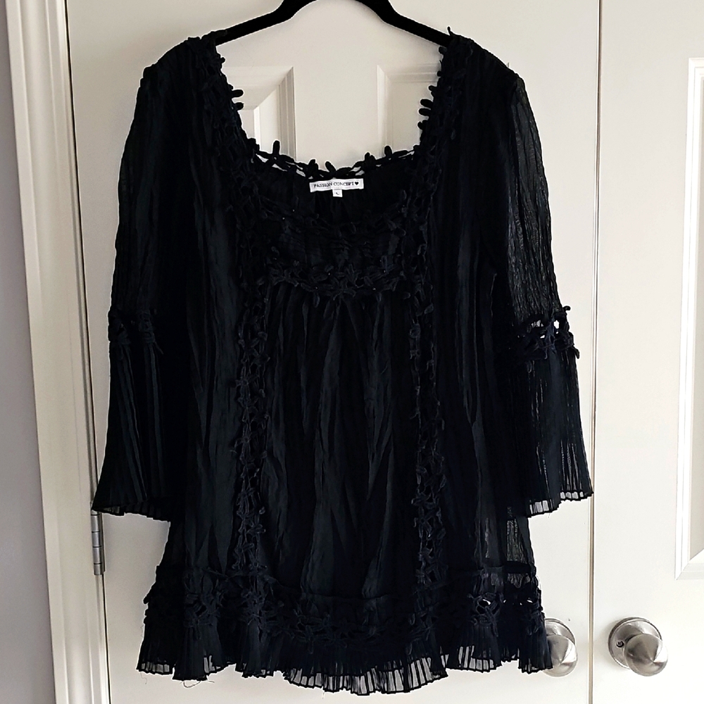 Black Sheer Blouse with Floral And Bead Details